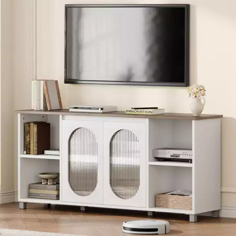 Meuble TV rustique 71 pouces, meuble de divertissement moderne avec portes vitrées ondulées, meuble TV ouvert, console média, pour salon, chambre à coucher