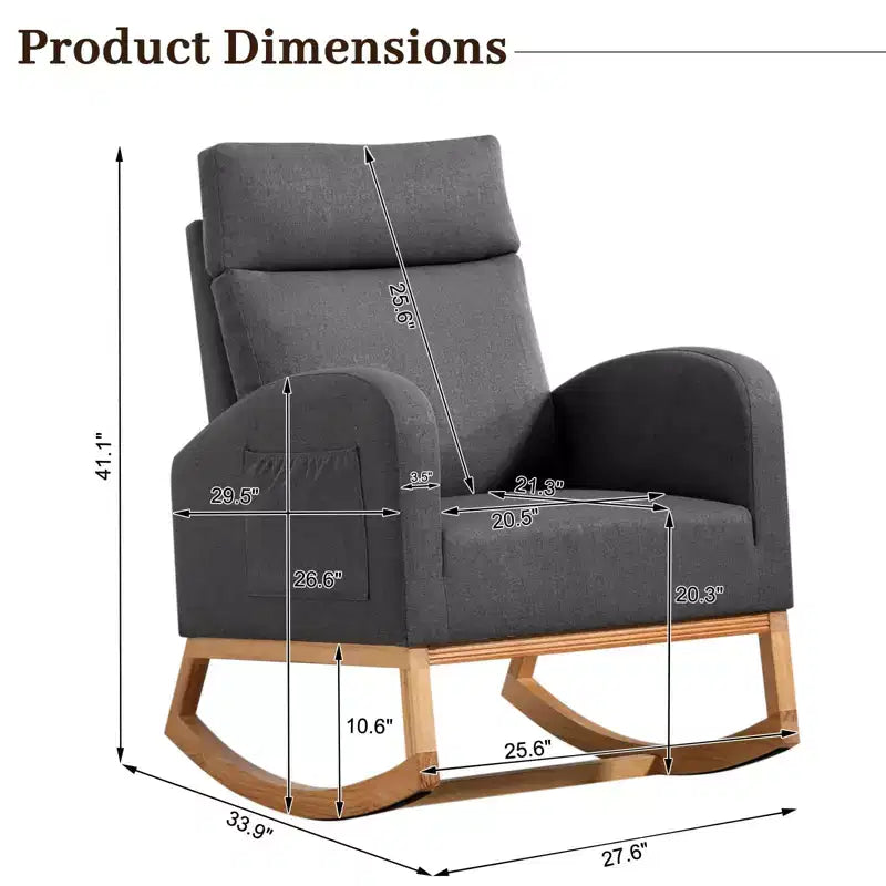 Chaise berçante pour chambre de bébé - Fauteuil à bascule, Rembourré avec pieds en bois de caoutchouc, Dossier haut confortable, Poches latérales, Fauteuil à bascule pour salon