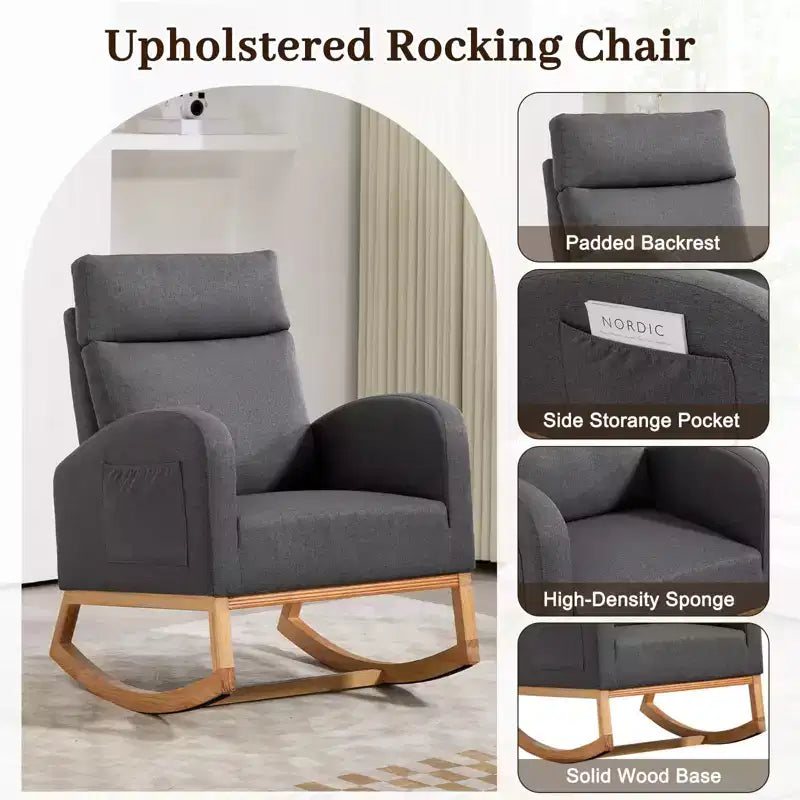 Chaise berçante pour chambre de bébé - Fauteuil à bascule, Rembourré avec pieds en bois de caoutchouc, Dossier haut confortable, Poches latérales, Fauteuil à bascule pour salon