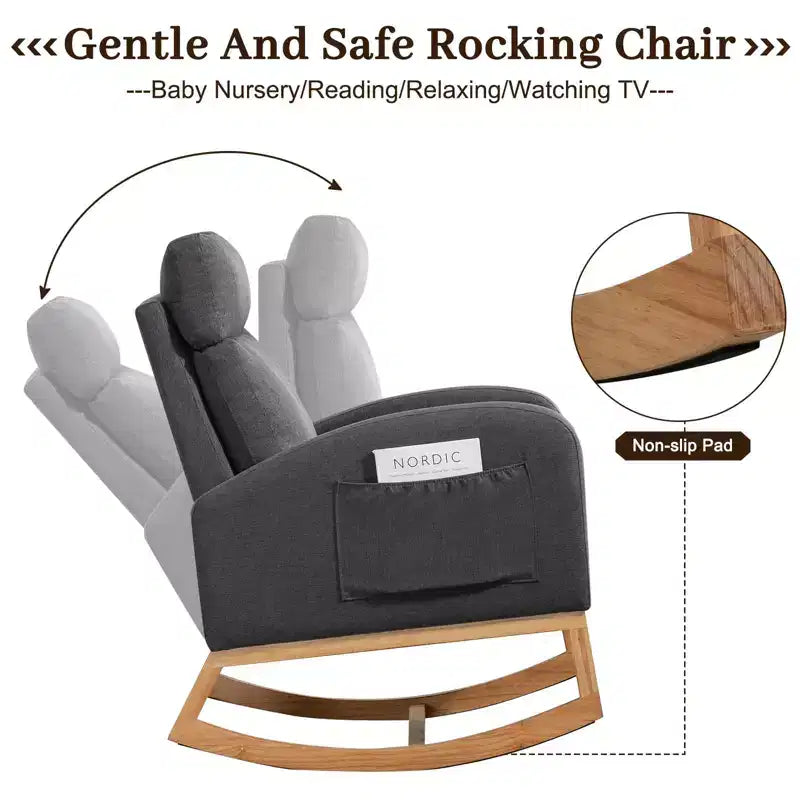 Chaise berçante pour chambre de bébé - Fauteuil à bascule, Rembourré avec pieds en bois de caoutchouc, Dossier haut confortable, Poches latérales, Fauteuil à bascule pour salon