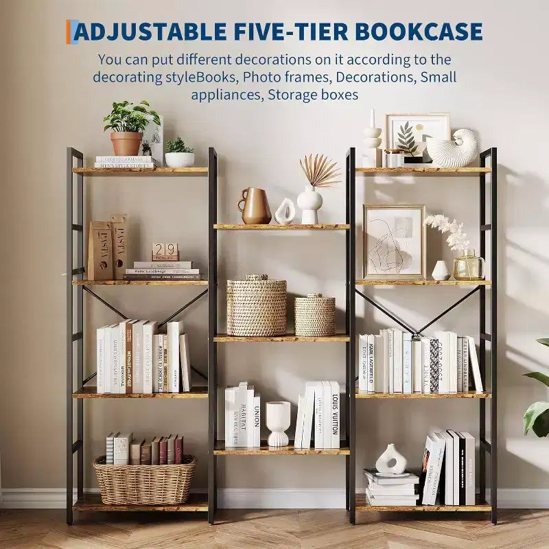 Libreria industriale a tre colonne con 11 ripiani regolabili, capacità di 45 kg/ripiano, telaio in acciaio e truciolato (Nero/Marrone)