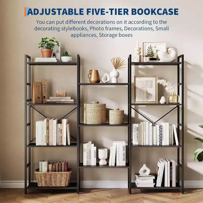 Libreria industriale a tre colonne con 11 ripiani regolabili, capacità di 45 kg/ripiano, telaio in acciaio e truciolato (Nero/Marrone)