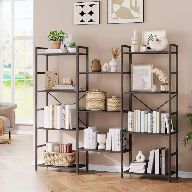 Industrial Triple-Column Bookcase  11 Adjustable Shelves, 100LB/Shelf Capacity, Steel Frame & Particle Board (Black/Brown)