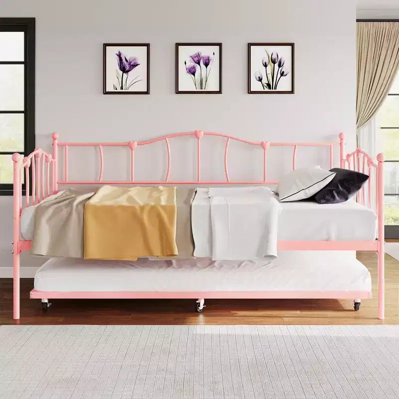 Lit de repos double en métal avec lit gigogne, Lit de jour double avec lit gigogne escamotable et tête de lit, Cadre de lit banquette en métal avec support à lattes en acier