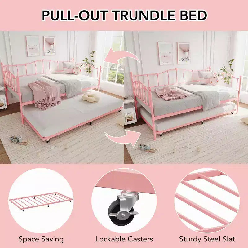 Lit de repos double en métal avec lit gigogne, Lit de jour double avec lit gigogne escamotable et tête de lit, Cadre de lit banquette en métal avec support à lattes en acier