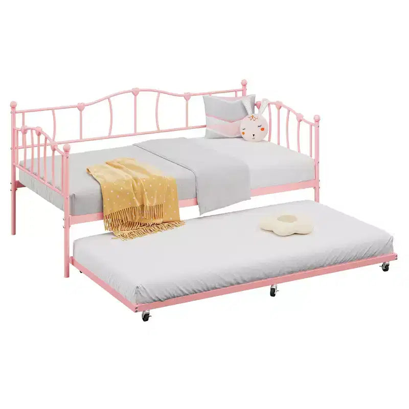 Lit de repos double en métal avec lit gigogne, Lit de jour double avec lit gigogne escamotable et tête de lit, Cadre de lit banquette en métal avec support à lattes en acier