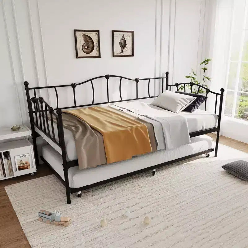 Lit de repos double en métal avec lit gigogne, Lit de jour double avec lit gigogne escamotable et tête de lit, Cadre de lit banquette en métal avec support à lattes en acier