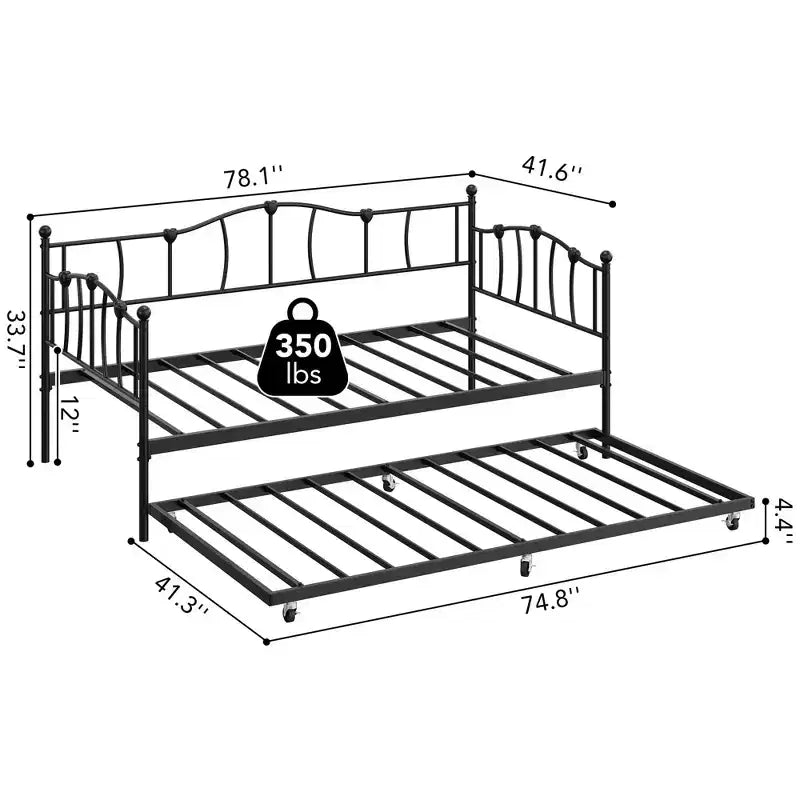 Lit de repos double en métal avec lit gigogne, Lit de jour double avec lit gigogne escamotable et tête de lit, Cadre de lit banquette en métal avec support à lattes en acier