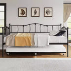Lit de repos double en métal avec lit gigogne, Lit de jour double avec lit gigogne escamotable et tête de lit, Cadre de lit banquette en métal avec support à lattes en acier