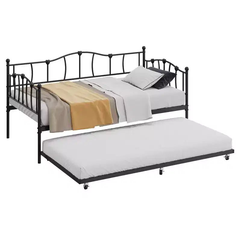 Lit de repos double en métal avec lit gigogne, Lit de jour double avec lit gigogne escamotable et tête de lit, Cadre de lit banquette en métal avec support à lattes en acier