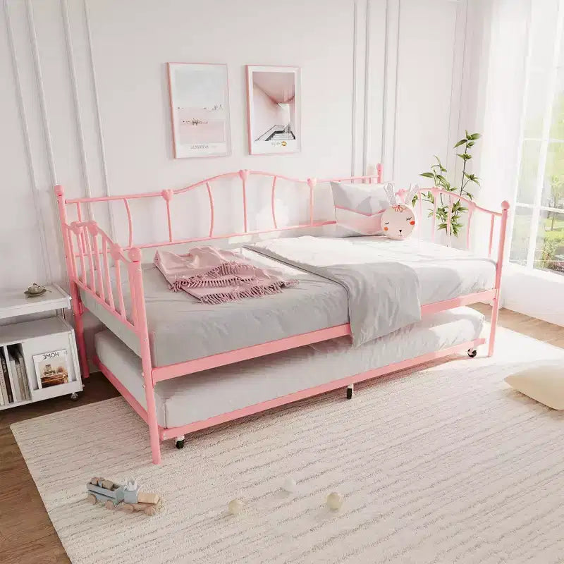 Lit de repos double en métal avec lit gigogne, Lit de jour double avec lit gigogne escamotable et tête de lit, Cadre de lit banquette en métal avec support à lattes en acier