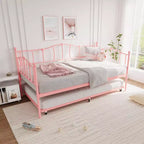 Lit de repos double en métal avec lit gigogne, Lit de jour double avec lit gigogne escamotable et tête de lit, Cadre de lit banquette en métal avec support à lattes en acier