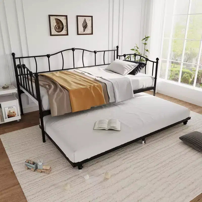 Metal Twin Daybed with Trundle Bed, Twin Size Day Bed with Pullout Trundle and Headboard, Metal Sofa Bed Frame with Steel Slat Support
