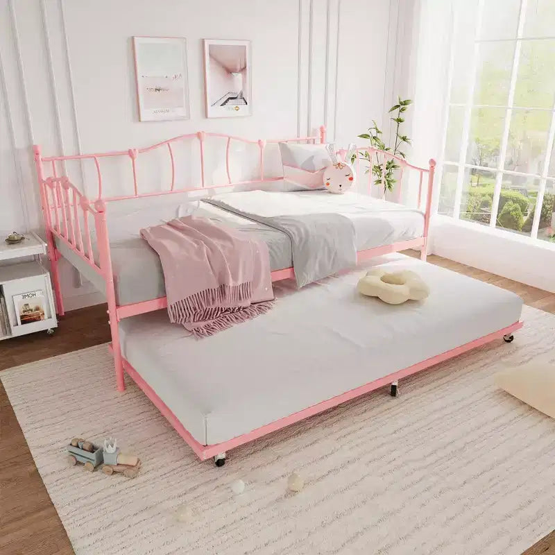 Lit de repos double en métal avec lit gigogne, Lit de jour double avec lit gigogne escamotable et tête de lit, Cadre de lit banquette en métal avec support à lattes en acier