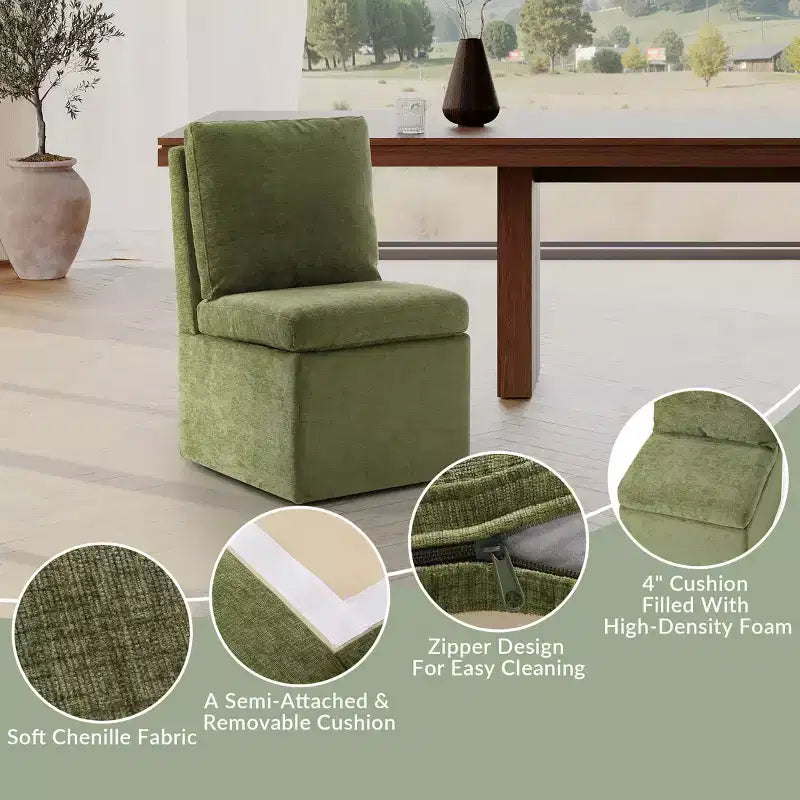 WestinTrends Sedie da pranzo moderne Soho imbottite in ciniglia senza braccioli con rotelle (set da 4), verde oliva
