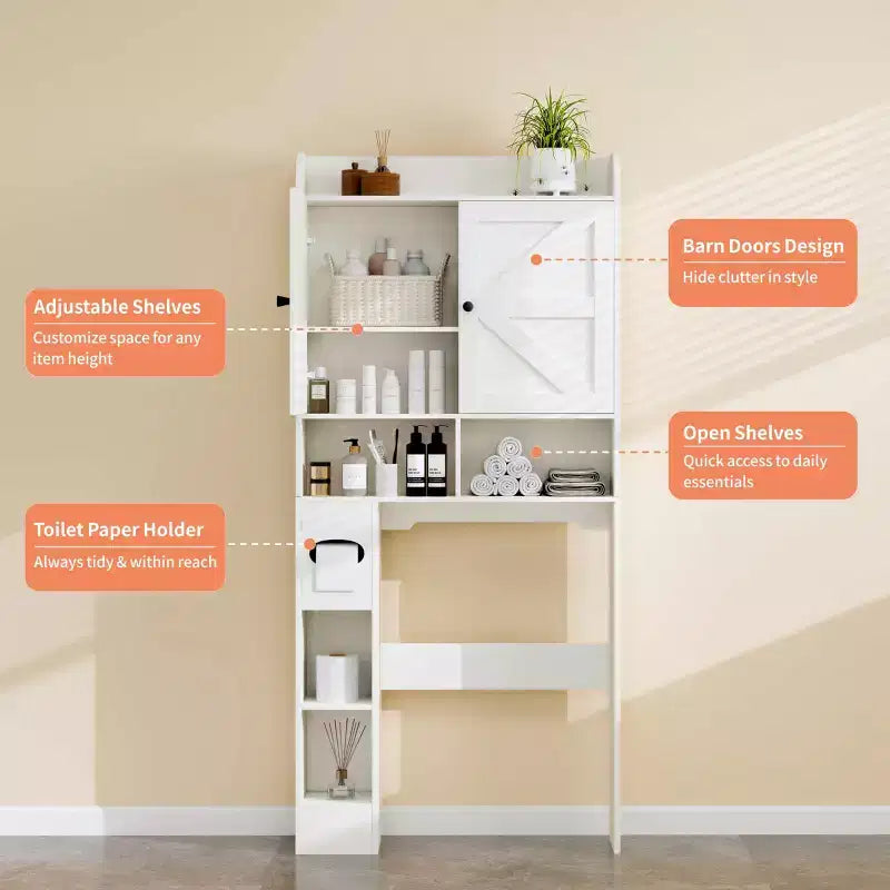Dyonery 32.3'' L Étagère WC sur Pied avec Porte-Rouleau de Papier Toilette, Rangement et Organisation de Salle de Bain au-dessus des Toilettes avec Barre Inférieure Réglable Blanc/Gris