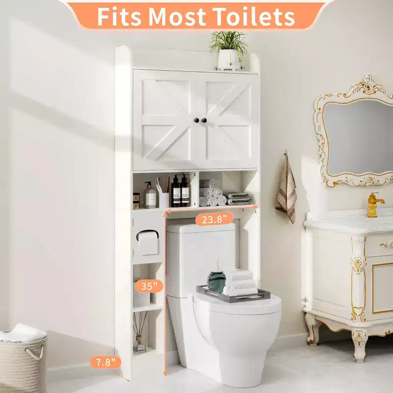 Dyonery 32.3'' L Étagère WC sur Pied avec Porte-Rouleau de Papier Toilette, Rangement et Organisation de Salle de Bain au-dessus des Toilettes avec Barre Inférieure Réglable Blanc/Gris