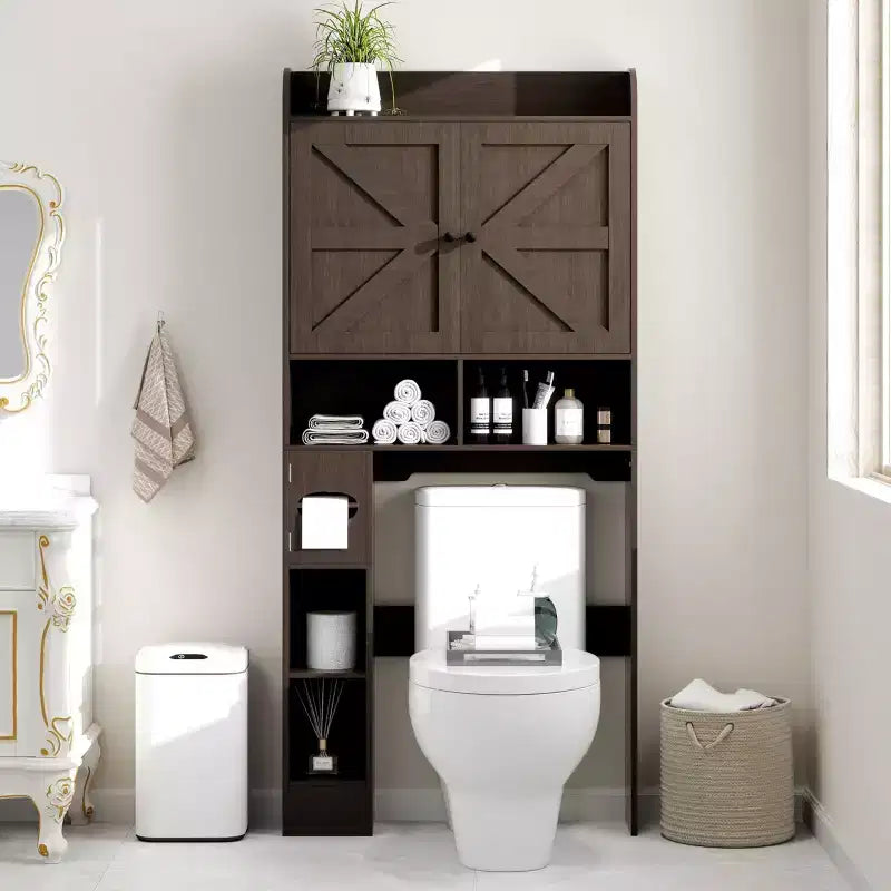 Dyonery 32.3'' L Étagère WC sur Pied avec Porte-Rouleau de Papier Toilette, Rangement et Organisation de Salle de Bain au-dessus des Toilettes avec Barre Inférieure Réglable Blanc/Gris