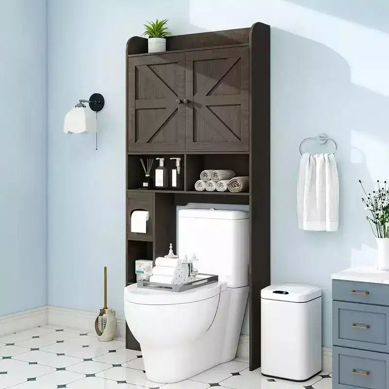 Dyonery 32.3''W Over The Toilet Shelf with Toilet Paper Holder, Bathroom Organizers and Storage Over Toilet with Adjustable Bottom BarWhite/Gray