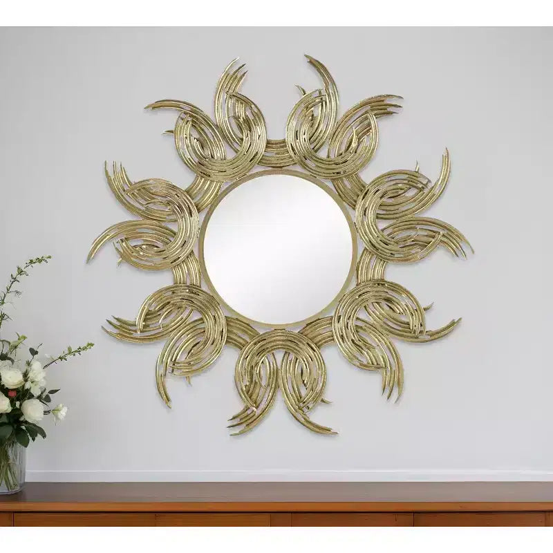 Miroir décoratif encadré en fer HomeRoots 37, design abstrait soleil, doré