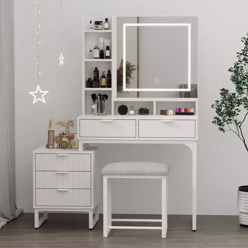 Toletta con 3 colori di illuminazione regolabili, tavolo da trucco con cassetti e sgabello imbottito