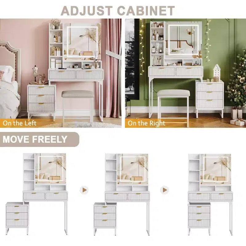Toletta con 3 colori di illuminazione regolabili, tavolo da trucco con cassetti e sgabello imbottito