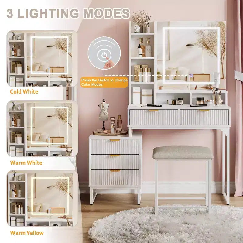 Toletta con 3 colori di illuminazione regolabili, tavolo da trucco con cassetti e sgabello imbottito