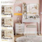 Toletta con 3 colori di illuminazione regolabili, tavolo da trucco con cassetti e sgabello imbottito