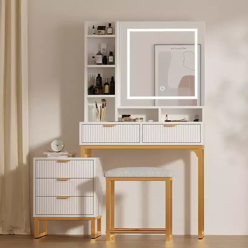 Toletta con 3 colori di illuminazione regolabili, tavolo da trucco con cassetti e sgabello imbottito