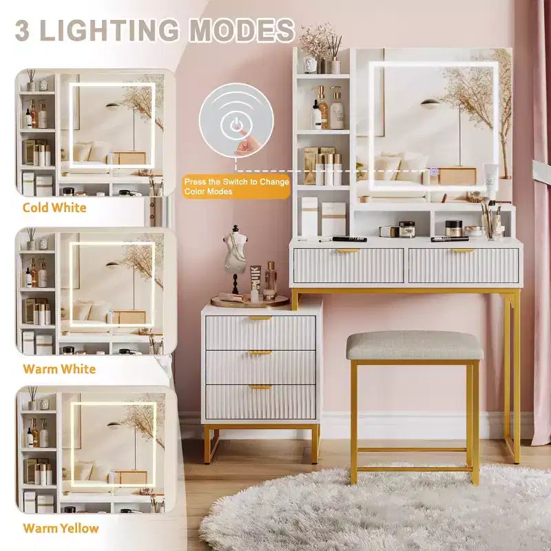 Toletta con 3 colori di illuminazione regolabili, tavolo da trucco con cassetti e sgabello imbottito