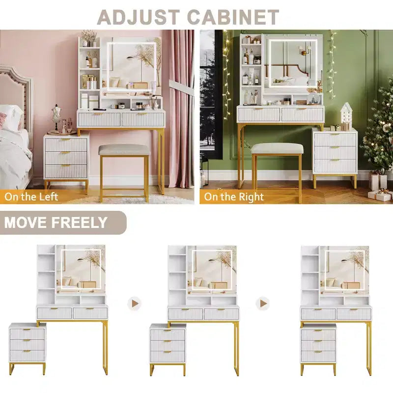 Toletta con 3 colori di illuminazione regolabili, tavolo da trucco con cassetti e sgabello imbottito