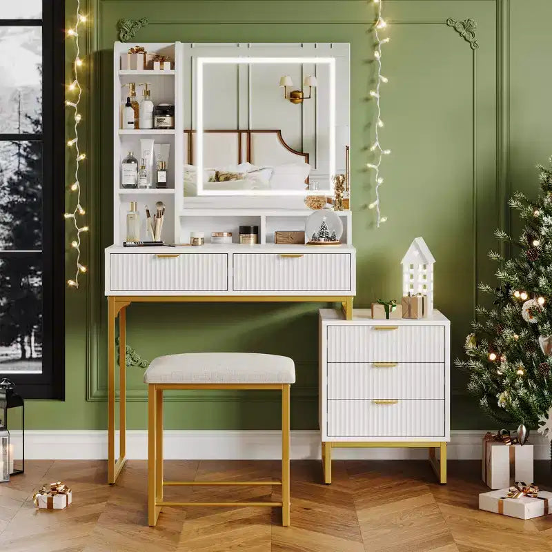 Makeup Vanity Desk with 3 Adjustable Lighting Colors, Dressing Table With Drawers & Cushioned Stool