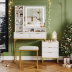 Makeup Vanity Desk with 3 Adjustable Lighting Colors, Dressing Table With Drawers & Cushioned Stool