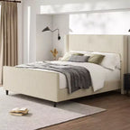 Merax Luxurious Corduroy Upholstered Bed Frame with Vertical Stripe Wingback Headboard