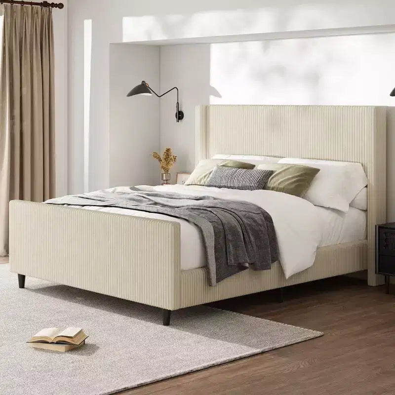 Merax Luxurious Corduroy Upholstered Bed Frame with Vertical Stripe Wingback Headboard