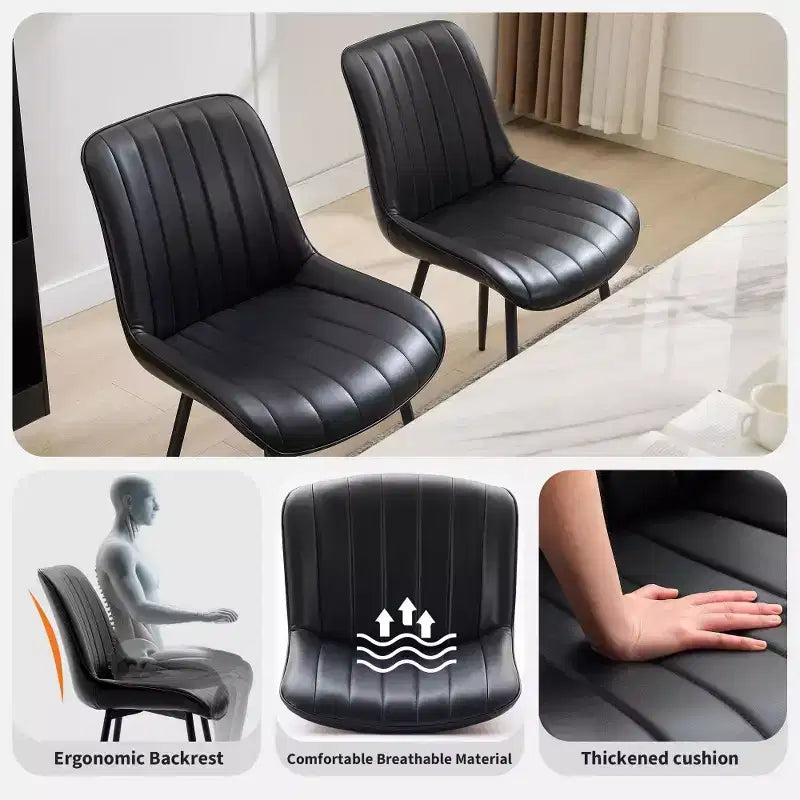 Lot de 2 chaises de salle à manger en similicuir noir pour cuisine et salle à manger, chaises confortables de style moderne du milieu du siècle avec pieds en métal, chaises d'appoint rembourrées