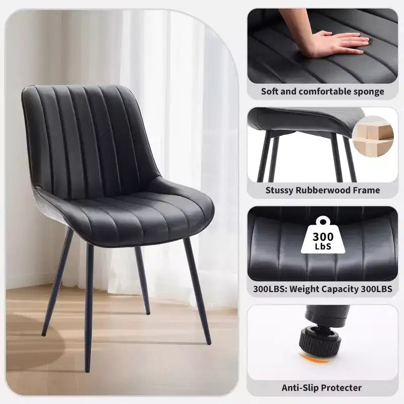 Lot de 2 chaises de salle à manger en similicuir noir pour cuisine et salle à manger, chaises confortables de style moderne du milieu du siècle avec pieds en métal, chaises d'appoint rembourrées