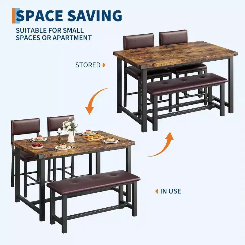 Set tavolo da pranzo per 4, tavolo da cucina e 2 sedie imbottite e 1 panca, set da pranzo in legno