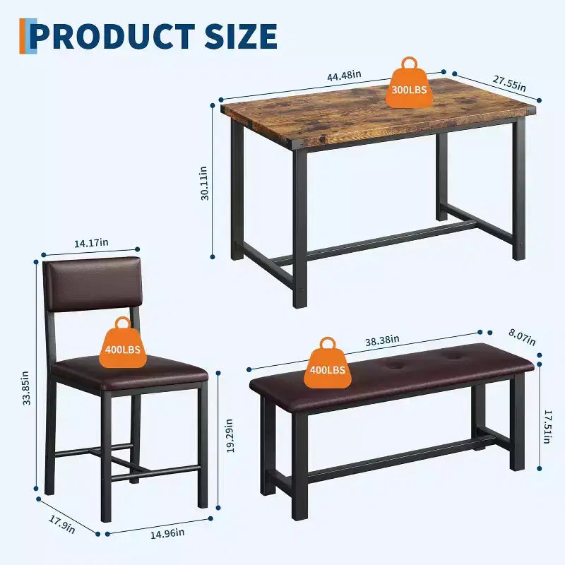 Set tavolo da pranzo per 4, tavolo da cucina e 2 sedie imbottite e 1 panca, set da pranzo in legno