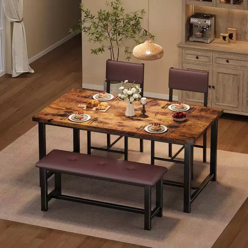 Set tavolo da pranzo per 4, tavolo da cucina e 2 sedie imbottite e 1 panca, set da pranzo in legno