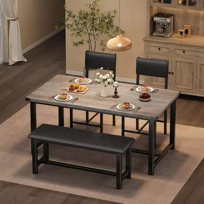 Set tavolo da pranzo per 4, tavolo da cucina e 2 sedie imbottite e 1 panca, set da pranzo in legno