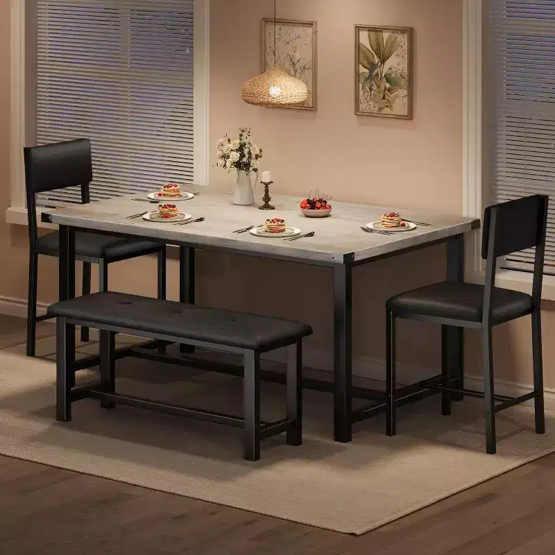Set tavolo da pranzo per 4, tavolo da cucina e 2 sedie imbottite e 1 panca, set da pranzo in legno