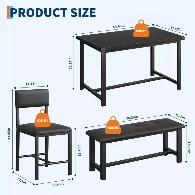 Ensemble de table à manger pour 4, table de cuisine et 2 chaises rembourrées et 1 banc, ensemble de salle à manger en bois
