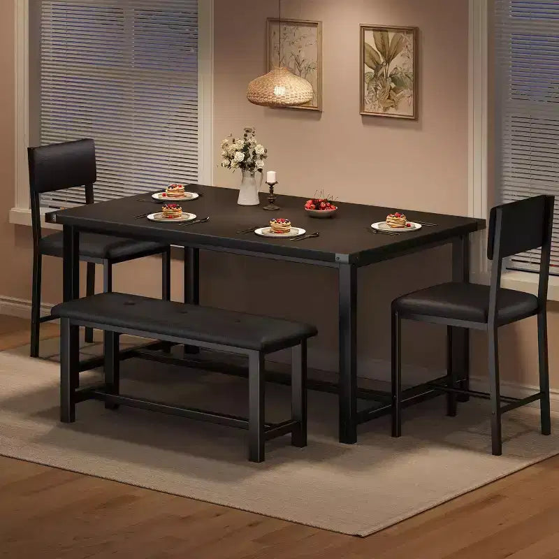 Set tavolo da pranzo per 4, tavolo da cucina e 2 sedie imbottite e 1 panca, set da pranzo in legno