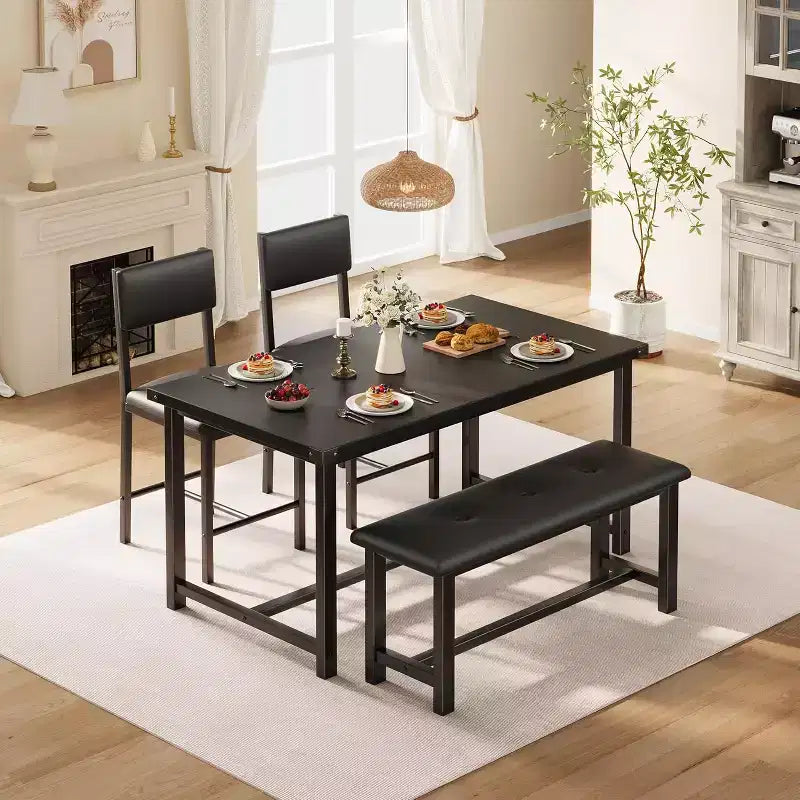 Dining Table Set for 4, Kitchen Table and 2 Upholstered Chairs and 1 Bench, Wooden Dining Room Set