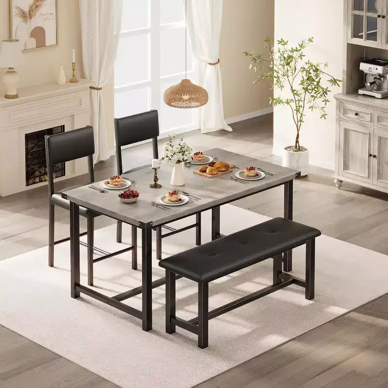 Ensemble de table à manger pour 4, table de cuisine et 2 chaises rembourrées et 1 banc, ensemble de salle à manger en bois
