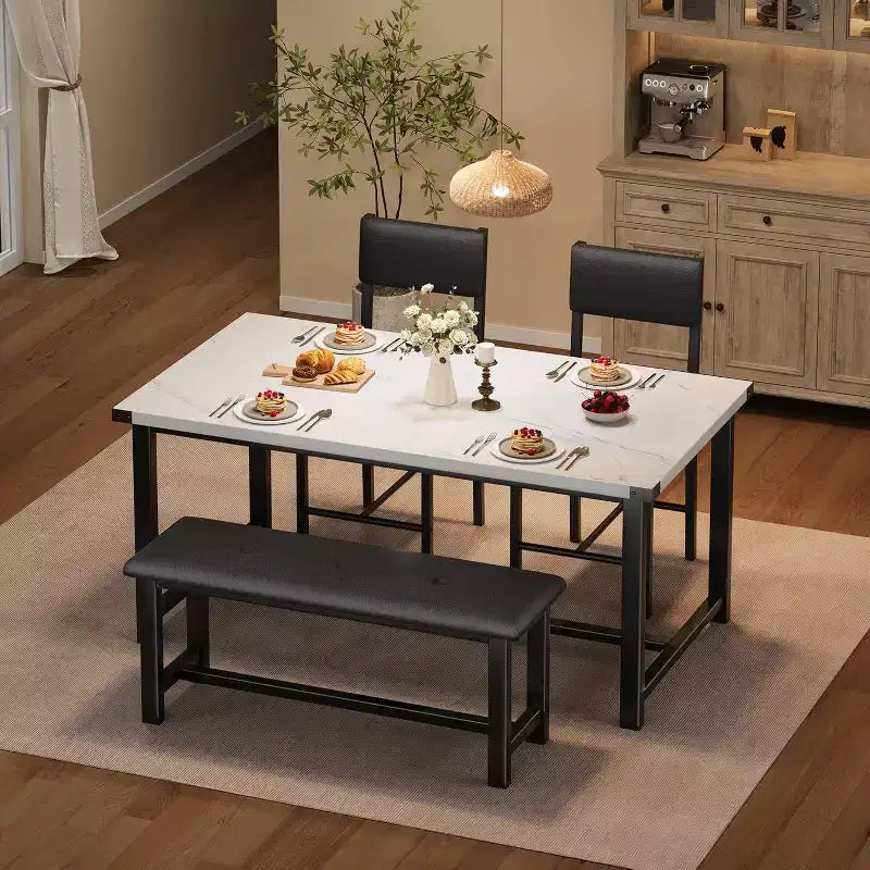 Ensemble de table à manger pour 4, table de cuisine et 2 chaises rembourrées et 1 banc, ensemble de salle à manger en bois