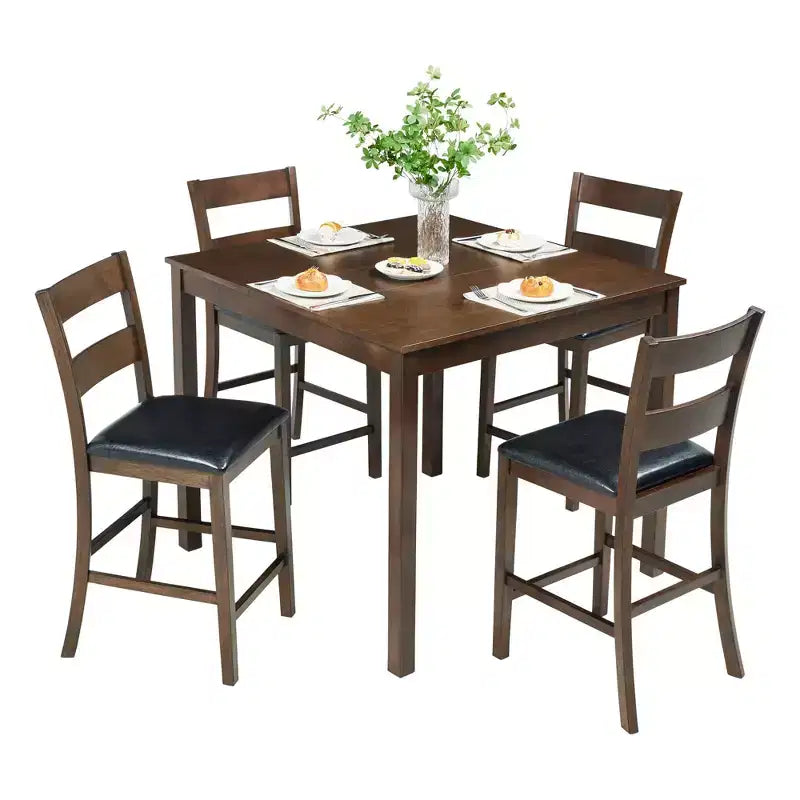 AMERLIFE Solid Wood 5-Piece Dining Table Set, Chairs with Curved Backrests & PU Cushioned, Black/Walnut