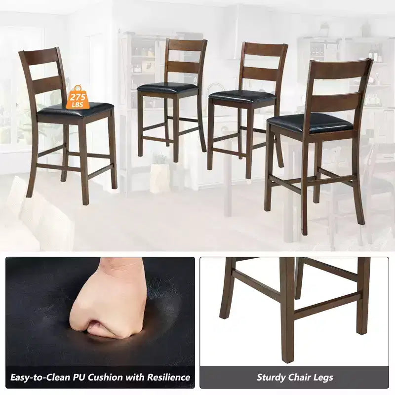 Ensemble de salle à manger 5 pièces en bois massif AMERLIFE, chaises avec dossiers incurvés et coussins en PU, noir/noyer