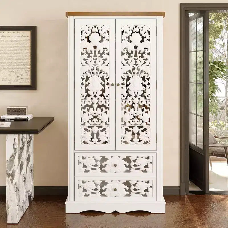 Famapy White Bookcase with Classic Aesthetics:Ornate Hollow Relief Doors & Versatile Storage